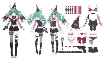 1girl argyle_clothes belt bow clown collar green_hair hair_bow highres indie_virtual_youtuber kamameshi_gougoumaru microskirt midriff mira_mayheme multicolored_hair pleated_skirt reference_sheet shoes skirt striped_clothes twintails two-tone_hair virtual_youtuber white_hair