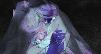 1girl absurdres bare_shoulders bow castorice_(honkai:_star_rail) crown dark_background flower hair_flower hair_ornament highres honkai:_star_rail honkai_(series) long_hair poursuu purple_hands veil white_bow white_hair