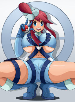 Rule 34 | 1girl, absurdres, blue eyes, boots, breasts, gloves, highres, huge breasts, long hair, long sleeves, nintendo, poke ball, pokemon, pokemon bw, red hair, shorts, skyla (pokemon), sonson-sensei, teeth, thick thighs, thighs, underboob, upper teeth only