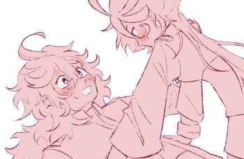 2girls asticassia_school_uniform blush commentary gundam gundam_suisei_no_majo hashtag-only_commentary jacket jaywuzhere long_hair miorine_rembran monochrome multiple_girls open_mouth pink_theme school_uniform suletta_mercury sweat yuri