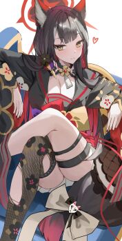 1girl absurdres animal_ear_fluff animal_ears black_kimono blue_archive colored_inner_hair eyeshadow floral_print_sleeves fox_ears fox_girl fox_mask fox_tail halo highres japanese_clothes kimono makeup mask multicolored_hair red_eyeshadow red_halo solo tail tail_ornament udonpan wakamo_(blue_archive) yellow_eyes