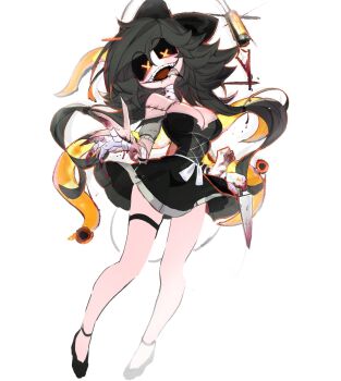 1girl bandaged_neck bandages bare_shoulders black_bow black_dress black_footwear black_hair black_sclera blush bow breasts cleavage colored_sclera commentary cross-laced_clothes cross-laced_dress cyn_(murder_drones) dress english_commentary fangs full_body hair_between_eyes hair_bow highres large_breasts long_hair looking_at_viewer looking_down low-tied_sidelocks murder_drones open_mouth sidelocks simple_background skinsuit smile solo standing stitched_arm stitches teeth thigh_strap tongue tongue_out upper_teeth_only usa37107692 white_background x_(symbol) yellow_eyes