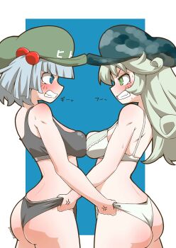 2girls ass back black_panties black_sports_bra blue_background blue_eyes blue_hair blue_headwear blunt_bangs blush bob_cut bra breast_press breasts camouflage camouflage_headwear commentary frilled_bra frilled_panties frills from_side glaring green_eyes green_headwear grey_hair grimace hair_bobbles hair_ornament hat kawashiro_nitori lifting_another&#039;s_clothes long_hair looking_at_another multiple_girls mutual_wedgie newsboy_cap panties panty_lift short_hair sports_bra sports_panties standing sweat symmetrical_docking tearing_up touhou translated twitter_username two_side_up underwear underwear_only wedgie white_bra white_panties yamashiro_takane zannen_na_hito