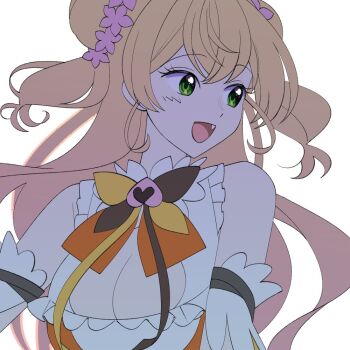 1girl arm_garter blonde_hair bow bowtie breasts brown_bow brown_bowtie cleavage cleavage_cutout clothing_cutout crossed_bangs detached_sleeves double_bun facing_to_the_side fang flower frilled_shirt frills gradient_hair green_eyes hair_bun hair_flower hair_ornament hololive large_breasts long_hair looking_to_the_side momosuzu_nene momosuzu_nene_(1st_costume) multicolored_bow multicolored_hair open_mouth orange_bow orange_shirt pink_flower pink_hair shirt sidelocks sleeveless sleeveless_shirt smile solo two-tone_shirt two_side_up upper_body uuoftn virtual_youtuber white_background white_shirt yellow_bow yellow_bowtie