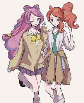 2girls bow earrings enekonoshippo27 eyeliner flower_earrings gyaru hair_ornament heart heart_hair_ornament jewelry makeup miriam_(pokemon) multiple_girls nail_polish necktie nintendo orange-tinted_eyewear orange_hair pink_eyeliner pink_hair pokemon pokemon_sv pokemon_swsh school_uniform shirt side_ponytail skirt sonia_(pokemon) striped_clothes striped_skirt sweater tinted_eyewear white_background white_shirt yellow_bow yellow_sweater