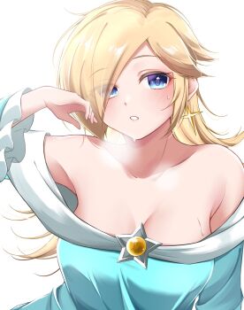 1girl bare_shoulders blonde_hair blue_dress blue_eyes blush breasts brooch cleavage collarbone dress earrings eyes_visible_through_hair hair_over_one_eye highres jewelry long_hair long_sleeves looking_at_viewer mario_(series) nintendo off-shoulder_dress off_shoulder open_mouth rosalina solo star_(symbol) star_brooch star_earrings steaming_body sweat tomatomiya upper_body white_background
