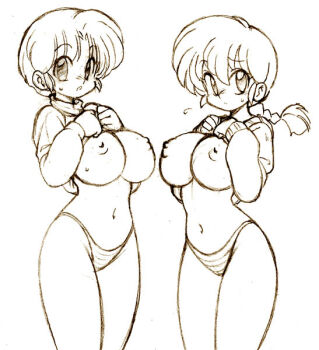2girls :o braid breasts closed_mouth commentary cowboy_shot hands_on_own_chest kokera large_breasts midriff monochrome multiple_girls navel open_mouth panties pulling_own_clothes ranma_1/2 saotome_ranma saotome_ranma_(female) short_hair single_braid tendou_akane underwear