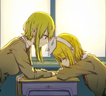 2girls animal_ears black_hair classroom closed_eyes commentary_request crossed_arms green_eyes grey_hair gumi head_on_table horse_ears kagamine_rin leaning_forward looking_at_another multiple_girls short_hair sidelocks sleeping vocaloid window wounds404