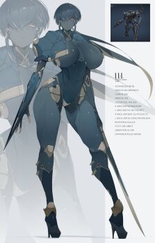 1girl absurdres android arm_blade armored_core armored_core_vi:_fires_of_rubicon black_hair blue_hair breasts colored_skin cropped_jacket english_text grey_background hair_over_one_eye high_heels highres holding holding_sword holding_weapon jacket joints large_breasts long_hair looking_at_viewer moonlight_(armored_core) navel open_clothes open_jacket personification ponytail reference_inset revision robot_girl robot_joints sidelocks solo sword ub1mo weapon white_background yellow_eyes zoom_layer