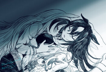 2girls animal_ears blush breasts closed_eyes commentary_request cuddling grabbing_another&#039;s_breast greyscale groping horse_ears horse_girl large_breasts long_hair lying_on_person mahakara monochrome multiple_girls parted_lips sirius_symboli_(umamusume) sleeping sleeping_on_person symboli_rudolf_(umamusume) umamusume yuri