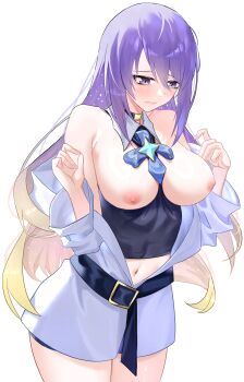 Rule 34 | 1girl, absurdres, black choker, black shirt, blonde hair, blue bow, blue bowtie, blush, bow, bowtie, breasts, brooch, choker, closed mouth, collared shirt, commentary, crop top, english commentary, furrowed brow, gradient hair, hands up, highres, hololive, hololive indonesia, jacket, jewelry, large breasts, long hair, long sleeves, mahiruuu, midriff, moona hoshinova, moona hoshinova (1st costume), multicolored hair, nipples, off shoulder, purple eyes, purple hair, shirt, skin tight, sleeveless, sleeveless shirt, solo, standing, star brooch, transparent background, upper body, virtual youtuber, wavy mouth, white jacket