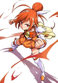 1girl boots bow bowtie choker clenched_hands closed_mouth commentary cure_sunny detached_sleeves fighting_stance fire from_above hair_bun hair_ornament highres hino_akane_(smile_precure!) legs_apart magical_girl orange_bow orange_bowtie orange_choker orange_eyes orange_hair orange_shirt orange_skirt pleated_skirt precure serious shadow shirt skirt sleeveless sleeveless_shirt smile_precure! solo thigh_boots uraki v-shaped_eyebrows white_background white_boots white_sleeves wing_hair_ornament