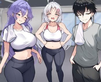 1boy 2girls ;) ahoge anger_vein annoyed bare_arms black_hair black_pants blue_eyes blush breasts brown_eyes cantarella_(wuthering_waves) carlotta_(wuthering_waves) cleavage closed_mouth collarbone commentary_request curvy grey_shirt hair_between_eyes hands_in_pockets hands_on_own_hips highres indoors large_breasts long_hair male_rover_(wuthering_waves) medium_breasts multiple_girls navel one_eye_closed open_mouth pants parted_bangs purple_hair rover_(wuthering_waves) shirt sidelocks smile sports_bra standing sweat t-shirt thighs towel v-shaped_eyebrows white_shirt white_sports_bra window wuthering_waves zeropen