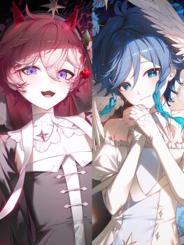 absurdres aqua_eyes aqua_hair black_dress black_hair braid cherry closed_mouth commentary_request crossdressing crossdressing_(mtf) dahlia_(genshin_impact) demon_horns dress food fruit genshin_impact gradient_hair highres holding holding_food holding_fruit horns kkopoli korean_commentary long_sleeves male_focus multicolored_hair open_mouth pink_hair purple_eyes short_hair smile twin_braids veil venti_(genshin_impact) white_dress white_wings wings