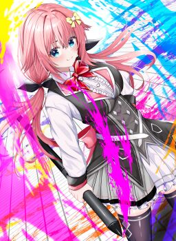 1girl :3 absurdres arm_at_side back_bow belt black_bow black_dress black_thighhighs blue_eyes blush bow bowtie breasts cat_hair_ornament center_frills closed_mouth collared_shirt commentary_request cowboy_shot crossed_bangs dress dutch_angle eyebrows_hidden_by_hair eyelashes floating_hair frilled_shirt frilled_shirt_collar frilled_skirt frills fudao_illust grey_skirt hair_between_eyes hair_bow hair_intakes hair_ornament hamidashi_creative hand_on_own_hip highres holding holding_pen large_breasts long_hair looking_at_viewer miniskirt paint_splatter pen pink_bow pink_bowtie pink_hair pleated_skirt red_bow red_bowtie school_uniform shirt sidelocks simple_background skirt sleeveless sleeveless_dress smile smug solo thighhighs tokiwa_kano two-tone_skirt very_long_hair white_background white_belt white_shirt white_skirt yellow_bow zettai_ryouiki