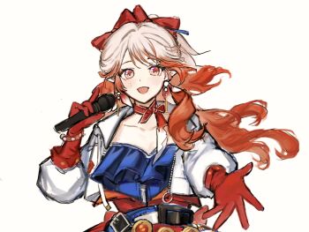 1girl :d arknights blue_dress bow breasts choker collarbone commentary dress earrings english_commentary gloves grey_eyes grey_hair hair_bow haruka_(arknights) highres holding holding_microphone jacket jewelry jumang38542 long_hair microphone open_clothes open_jacket open_mouth orange_eyes orange_hair outstretched_hand pointy_ears red_bow red_choker red_gloves simple_background sketch small_breasts smile solo upper_body white_background white_jacket