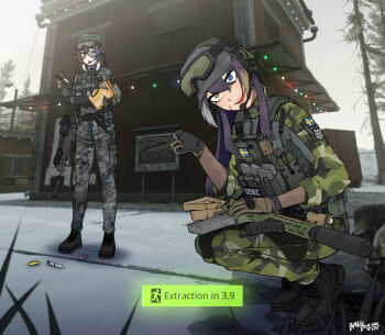 2girls absurdres ammunition_pouch assault_rifle bangdog black_boots black_gloves blue_eyes blue_hair boots brown_gloves brown_hair camouflage camouflage_jacket camouflage_pants commentary_request commission daewoo_k2 day digital_camouflage english_text escape_from_tarkov eyewear_on_headwear facial_scar game_screenshot_background gloves goggles grey_hair gun hat headset helmet heterochromia highres holding jacket load_bearing_vest looking_at_viewer military military_combat_uniform military_operator military_uniform multicolored_gloves multicolored_hair multiple_girls open_mouth outdoors pants peaked_cap pouch purple_hair red_hair rifle sako_m23 scar scar_on_cheek scar_on_face scope screenshot_background smile squatting streaked_hair suppressor swedish_flag syringe teeth twitter_username two-tone_gloves upper_teeth_only v weapon white_hair yellow_eyes