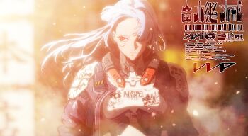 1girl absurdres android artificial_eye billboard city city_lights cyberpunk cyborg czn_radiosonde day dystopia highres long_hair long_sleeves mechanical_eye metal_skin original robot_girl scenery science_fiction technology techwear