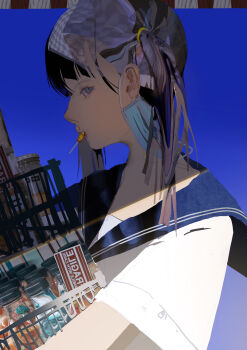 Rule 34 | 1girl, absurdres, blue eyes, commentary, english commentary, highres, jar, mask, mikasamu, mouth mask, original, school uniform, serafuku, short sleeves, short twintails, solo, twintails