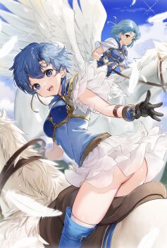 2girls absurdres armor ass blue_eyes blue_hair breastplate commission commissioner_upload fire_emblem fire_emblem:_the_binding_blade flying gloves haru_(nakajou-28) headband highres looking_back multiple_girls nintendo non-web_source shanna_(fire_emblem) short_hair skirt thea_(fire_emblem) white_skirt