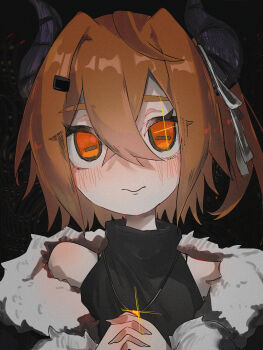 1girl a.i._voice absurdres adachi_rei bare_shoulders black_shirt blush closed_mouth commentary_request fur_trim goat_horns hair_between_eyes highres horizontal_pupils horns looking_at_viewer nekotani_nekoko orange_eyes orange_hair own_hands_together portrait shirt sleeveless sleeveless_shirt solo utau