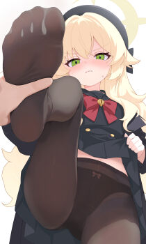 1girl absurdres blonde_hair blue_archive clothes_lift commentary feet green_eyes halo highres jiuchong_ying_fengxue lifting_own_clothes long_hair panties panties_under_pantyhose pantyhose professor_niyaniya_(blue_archive) skirt soles toes underwear