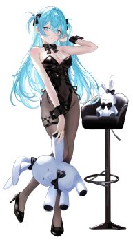 1girl arm_up bare_shoulders black_bow black_bowtie black_leotard black_wrist_cuffs blue_eyes blue_hair blush bow bowtie breasts brown_pantyhose cleavage commentary covered_groin covered_navel criss-cross_strings crossed_bangs english_commentary full_body hair_between_eyes hair_bow hair_intakes hand_in_own_hair haruhiruri high_heels highres holding holding_stuffed_toy legs leotard long_hair looking_at_viewer medium_breasts original pantyhose parted_lips playboy_bunny shirt side-tie_leotard sidelocks simple_background solo standing standing_on_one_leg stool stuffed_animal stuffed_toy teddy_bear thigh_strap thighs two_side_up very_long_hair white_shirt wrist_cuffs
