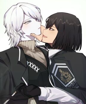 2girls black_gloves black_hair black_vest bob_cut brown_sweater cigarette coat coat_on_shoulders faust_(project_moon) gloves grabbing_another&#039;s_face head_grab highres holding holding_cigarette limbus_company m_ttl multiple_girls open_mouth project_moon red_eyes ribbed_sweater ryoshu_(project_moon) short_hair simple_background smile sweater vest white_background white_hair yuri