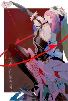 1girl animal_hat border detached_sleeves dress grey_eyes hand_up harumimi hat highres knee_up leotard leotard_under_clothes looking_at_viewer mawaru_penguindrum multiple_hands oginome_momoka penguin_hat pink_hair red_background red_pupils short_hair solo_focus strapless strapless_dress string string_of_fate white_border