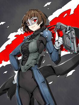 1girl absurdres black_bodysuit black_scarf bodysuit braid breasts brown_hair cosplay crossover crown_braid d.va_(overwatch) eye_mask gloves grey_bodysuit gun hand_on_own_hip handgun highres looking_at_viewer mask medium_breasts multicolored_bodysuit niijima_makoto niijima_makoto_(cosplay) official_alternate_costume overwatch persona persona_5 potato_tacos queen_(persona_5) red_eyes scarf short_hair shoulder_spikes smile spikes spinning_gun spinning_weapon two-tone_bodysuit weapon white_gloves