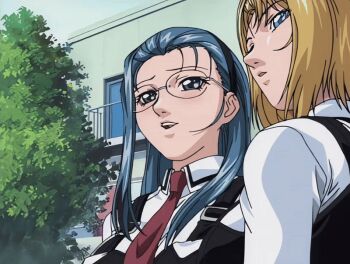 00s 2002 2girls animated animated_gif aqua_hair bible_black bible_black_gaiden blonde_hair blue_eyes bouncing_breasts bow bowtie breasts glasses kitami_reika large_breasts long_hair mochida_junko multiple_girls outdoors school_uniform short_hair surprised suspenders tagme tree