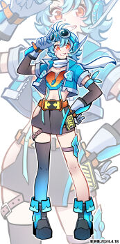 1girl absurdres adjusting_goggles antenna_hair aqua_armband aqua_hair aqua_jacket armband belt black_skirt blush boots commentary_request cropped_jacket dated eyelashes fei_luo_mao full_body gloves goggles goggles_on_head gradient_thighhighs grey_boots headset high_heel_boots high_heels highres jacket kamen_rider kamen_rider_gotchard kamen_rider_gotchard_(series) midriff navel open_clothes open_jacket orange_belt orange_eyes rider-tan short_hair short_sleeves single_thighhigh skirt smile solo standing teeth thighhighs white_gloves zipper zoom_layer