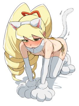 1girl all_fours animal_ears animal_hands bare_shoulders barefoot bikini blonde_hair blush cat-ears cat_paws cat_tail drill_hair drooling elbow_gloves embarrassed fake_animal_ears fake_tail full-face_blush full_body fur_collar gloves gold_bikini highres loli looking_down lower_teeth_only luna_platz_(mega_man) mega_man_(series) mega_man_star_force_(series) motion_lines mouth_drool ogi_non open_mouth red_ribbon ribbon side-tie_bikini_bottom simple_background skinny solo sweat swimsuit tail teeth thighhighs trembling twin_drills white_background white_gloves white_thighhighs yellow_eyes