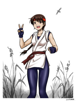 1girl braid braided_ponytail brown_eyes brown_hair dougi female_focus gloves hands_up karate_gi leggings long_hair looking_at_viewer outdoors pale_skin pants ponytail savaster smile smiley_face standing the_king_of_fighters yoga_pants yuri_sakazaki