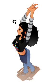 1girl ? absurdres afro apron arched_back arms_up big_hair black_hair blue_apron blue_eyes blue_pants bookstore_part-timer breasts character_print commentary crop_top denim english_commentary female_focus from_above full_body highres jeans layered_sleeves lewdstuff long_hair long_sleeves looking_at_viewer looking_up medium_breasts midriff one_piece one_piece_fan_letter pants perspective puckered_lips short_over_long_sleeves short_sleeves sidelocks solo stretching waist_apron waitress