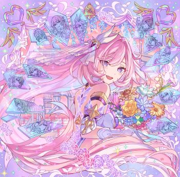 1girl aponia armlet bare_shoulders bouquet breasts commentary eden_(honkai_impact) elysia_(herrscher_of_human:_ego)_(honkai_impact) elysia_(honkai_impact) english_commentary flower from_side fu_hua gloves griseo hair_intakes hair_ornament highres holding holding_bouquet honkai_(series) honkai_impact_3rd jewelry kalpas_(honkai_impact) kevin_kaslana kosma long_hair looking_at_viewer looking_to_the_side medium_breasts mobius_(honkai_impact) multicolored_eyes open_mouth papipiko pardofelis pink_hair pink_theme purple_eyes smile solo su_(honkai_impact) thirteen_flame-chasers_(honkai_impact) two-tone_eyes upper_body veil very_long_hair vill-v white_gloves white_veil yae_sakura yae_sakura_(goushinnso_memento)