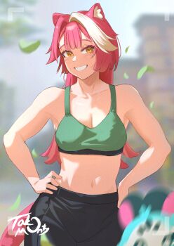 1girl :d adversarial_noise animal_ears black_pants blurry blurry_background breasts center-flap_bangs chattino_(raora_panthera) cleavage commentary cowboy_shot dated_commentary day double-parted_bangs english_commentary falling_leaves grin hands_on_own_hips highres hololive hololive_english leaf long_hair medium_breasts multicolored_hair navel open_mouth outdoors panther_ears panther_girl panther_tail pants pink_hair raora_panthera single_hair_streak smile solo sports_bra standing stomach streaked_hair tail takomonty viewfinder virtual_youtuber white_streaks yellow_eyes