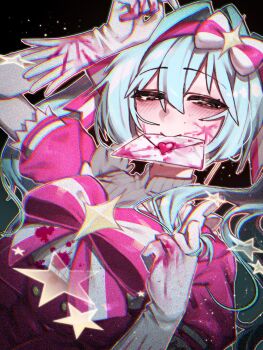 1girl black_eyes blood blood_on_clothes blood_on_face blood_on_gloves blue_hair blush bow bowtie commentary_request danchoo dress gloves hair_bow hairband hatsune_miku highres ima_sugu_rinne_(vocaloid) letter long_hair mouth_hold pink_blood pink_bow pink_bowtie pink_dress pink_hairband short_sleeves solo twintails upper_body very_long_hair vocaloid white_bow white_gloves