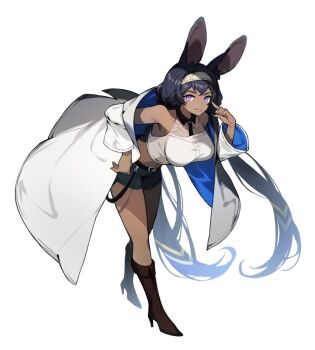 1girl alternate_costume animal_ear_fluff animal_ears bare_shoulders black_hair black_shorts boots breasts brown_boots coat dragalia_lost dragalinuka full_body hairband high_heel_boots high_heels laranoa large_breasts leaning_forward long_hair long_sleeves midriff navel off_shoulder purple_eyes rabbit_ears shorts solo tongue tongue_out twintails very_long_hair white_coat white_hairband