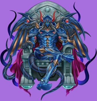 1boy absurdres anonymous_(yu-gi-oh!) aqua_eyes armor cape crossed_legs d/d/d_deviser_king_deus_machinex demon_boy demon_horns demon_wings duel_monster full_armor full_body fur_trim game_cg gauntlets grey_hair helmet highres horns non-web_source official_art purple_cape shoulder_armor sitting sitting_on_throne solo stitched tentacles third-party_edit throne transparent_background wings yu-gi-oh! yu-gi-oh!_master_duel