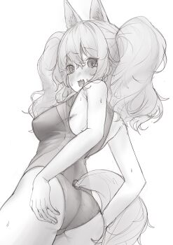 1girl :d absurdres angelina_(arknights) angelina_(summer_flower)_(arknights) arknights ass blush breasts dot_nose embarrassed fang fourtwelve fox_girl fox_tail from_behind greyscale hand_on_own_ass highres long_hair medium_breasts monochrome one-piece_swimsuit open_mouth simple_background skin_fang smile solo swimsuit tail twintails white_background