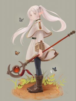 Rule 34 | 1girl, black pantyhose, boots, brown boots, bug, butterfly, capelet, closed mouth, commentary request, dangouo ty, dress, earrings, elf, floating hair, frieren, gold trim, green eyes, grey background, highres, holding, holding staff, insect, jewelry, long hair, long sleeves, looking at viewer, pantyhose, pointy ears, sousou no frieren, staff, twintails, white capelet, white dress, white hair