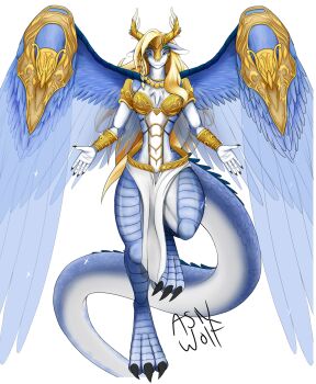 1girl animal_feet astevenamedwolf blonde_hair blue_eyes blue_scales braid breasts claws closed_mouth dragon dragon_girl dragon_horns dragon_tail dragon_wings feathered_wings feathers full_body gold_wrist_cuffs highres horns long_hair looking_at_viewer medium_breasts pelvic_curtain queen saffira_queen_of_dragons side_braid simple_background solo tail white_background wings yu-gi-oh!