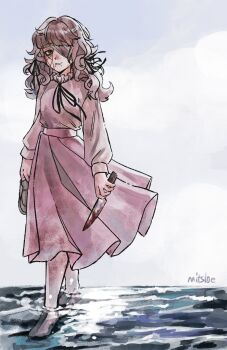 Rule 34 | 1girl, absurdres, artist name, bandage over one eye, black ribbon, blood, bloody knife, brown hair, commentary, face piercing, facial mark, fear &amp; hunger (series), fear &amp; hunger 2: termina, frilled shirt collar, frills, full body, highres, holding, holding knife, holding shoes, holding unworn clothes, knife, long hair, long sleeves, marina (fear &amp; hunger), mouth piercing, neck ribbon, parted lips, piercing, pink skirt, ribbon, sakimitsloe, shirt, shirt tucked in, shoes, skirt, solo, standing, unworn shoes, wading, water, white shirt