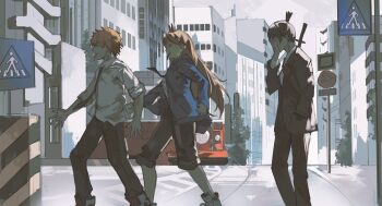 1girl 2boys absurdres black_hair black_jacket black_necktie black_pants black_suit black_vest blonde_hair blue_jacket chainsaw_man city closed_eyes demon_girl demon_horns denji_(chainsaw_man) facepalm formal_clothes from_side hayakawa_aki highres horns jacket long_hair multiple_boys necktie open_mouth pants pants_rolled_up pink_hair power_(chainsaw_man) saturn_(saturn_illus) sharp_teeth shirt shoes short_hair sleeves_rolled_up sneakers suit teeth tongue tongue_out topknot vest white_shirt white_shoes