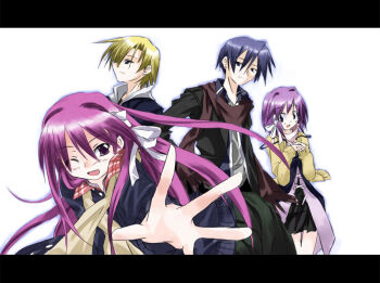 Rule 34 | 00s, 2boys, 2girls, ;d, black hair, blonde hair, blush, clannad, formal clothes, fujibayashi kyou, fujibayashi ryou, gogen rei tsukasa, itsuhara reiji, kitagawa jun, letterboxed, long hair, long sleeves, looking at viewer, multiple boys, multiple girls, okazaki tomoya, one eye closed, open mouth, outstretched arm, purple eyes, purple hair, siblings, simple background, sisters, smile, suit, sunohara youhei, twins, very long hair, white background