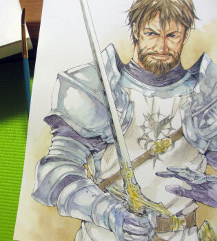 1boy agahari armor beard belt black_eyes black_shirt brown_belt brown_hair closed_mouth commentary_request connected_beard couter facial_hair gauntlets gildas_w._byrne highres holding holding_sword holding_weapon knight light_smile male_focus nose painting_(medium) pauldrons photo_(medium) rerebrace sheath shirt short_hair shoulder_armor solo surcoat sword tactics_ogre traditional_media unsheathed upper_body very_short_hair weapon