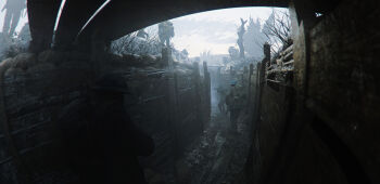 4boys absurdres artillery backpack bag bare_tree british_army brodie_helmet combat_helmet concept_art gun helmet highres james_garner military military_uniform mud multiple_boys original rifle tree trench war weapon world_war_i