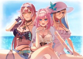 Rule 34 | 3girls, absurdres, aponia, aponia (mesmerizing blue), bikini, black bikini, blonde hair, blue eyes, blue sky, breasts, cleavage, commentary request, crossed legs, day, dress, eden (honkai impact), elf, elysia (honkai impact), elysia (miss pink elf) (honkai impact), elysia (summer miss elf) (honkai impact), eyewear on head, hairband, hat, highres, honkai (series), honkai impact 3rd, jewelry, large breasts, long hair, multiple girls, necklace, ocean, official alternate costume, pointy ears, shell, shell necklace, sitting, sky, smile, stomach, sun hat, sundress, sunglasses, swimsuit, white bikini, white dress, white hairband, white hat, yellow eyes, ypa918