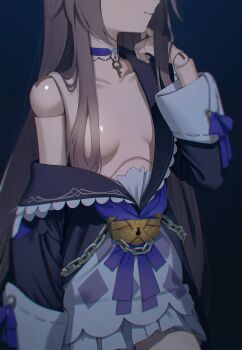 1girl ai-assisted bare_shoulders blue_background breasts brown_hair chain choker collarbone commentary_request cowboy_shot doll_joints gradient_background hair_over_breasts hair_over_one_breast head_out_of_frame herta_(honkai:_star_rail) herta_(puppet)_(honkai:_star_rail) highres honkai:_star_rail honkai_(series) joints key key_choker light_smile long_hair off_shoulder poki_(j0ch3fvj6nd) purple_choker small_breasts solo